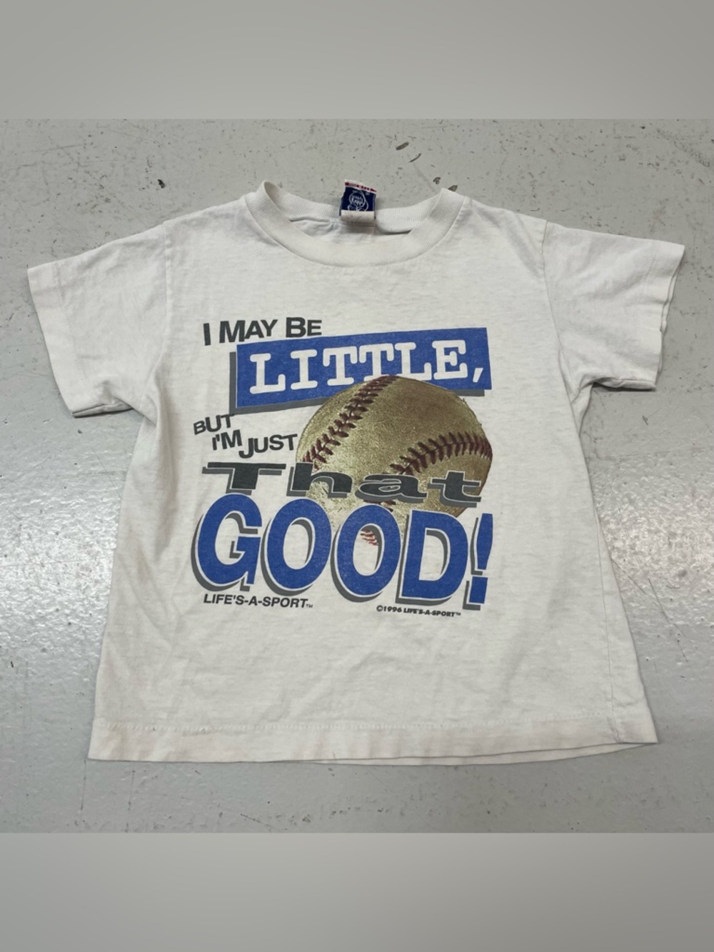 Vintage Kids Size 5/6 Baseball Graphic T Shirt Life’s A Sport 90s 1996 Retro